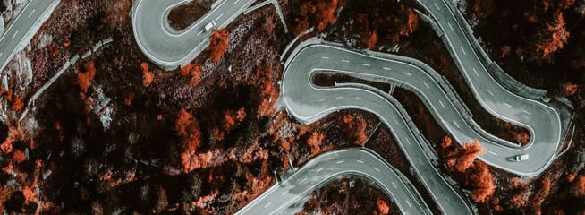 Aerial view of a twisting, winding road